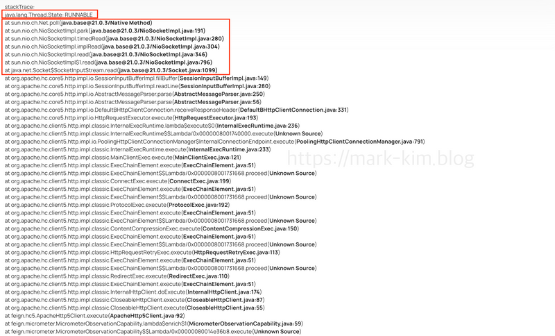 OpenFeign(Http-Client 5)로 다른 API 서버 호출후 응답 오기전까지 대기하는 스레드의 덤프 결과